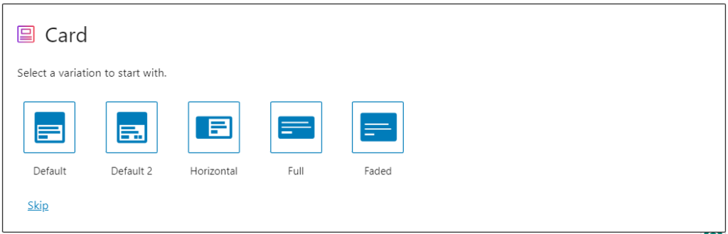 A screenshot showing different templates for the Stackable Card Block.